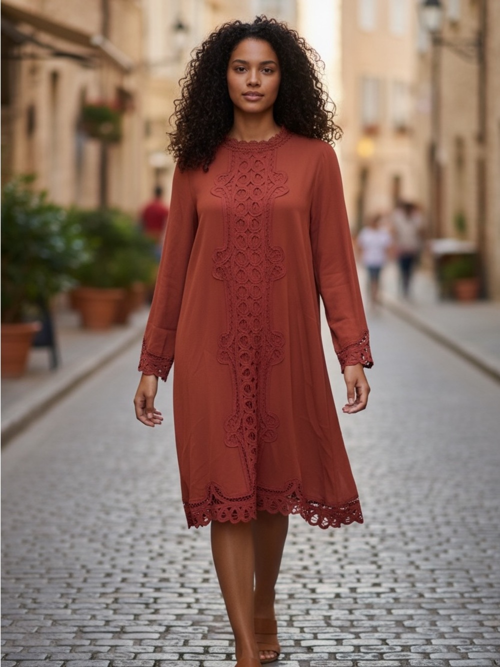 Entro Boho lace rust 3/4 sleeve mini Dress size Large